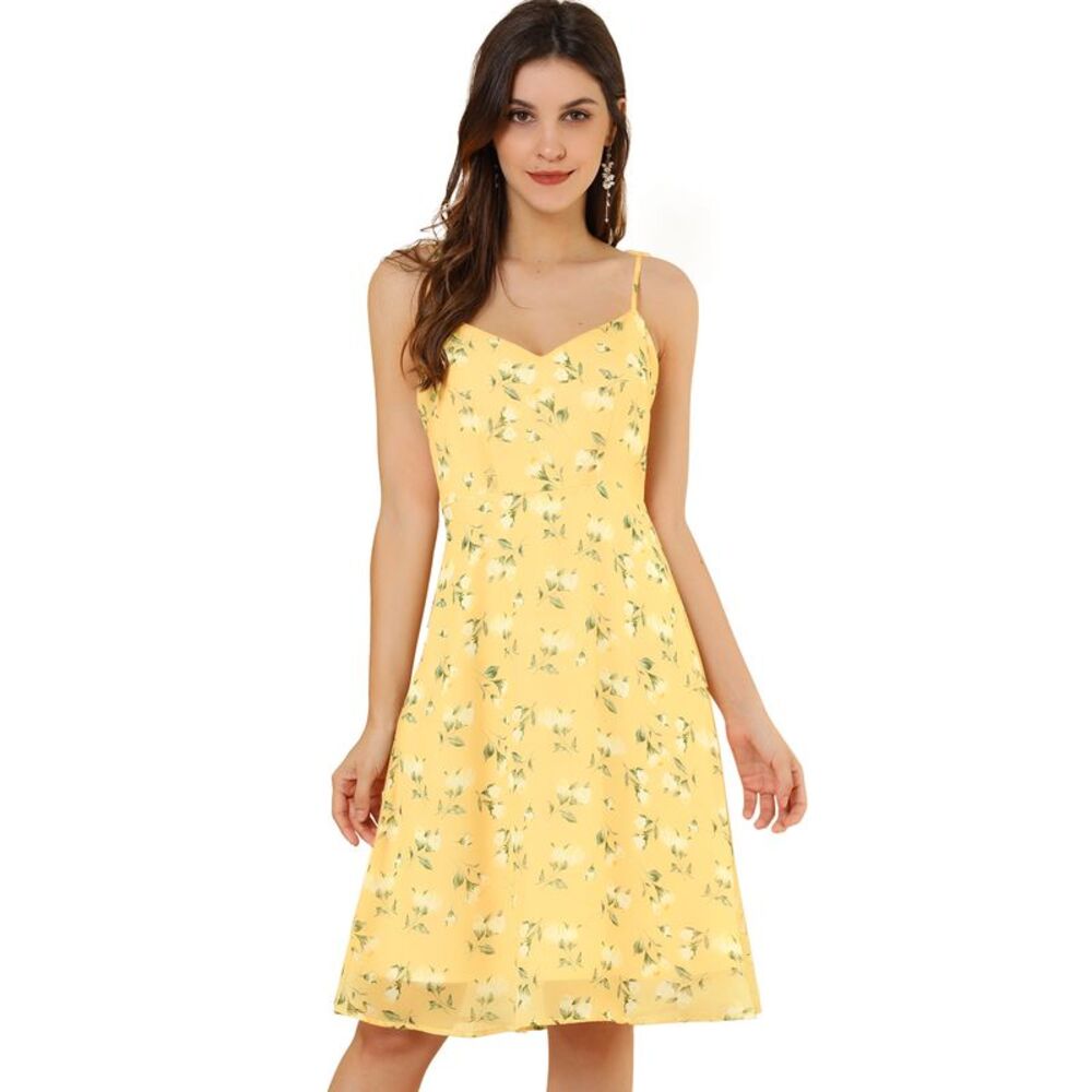 Allegra K Yellow Floral Spaghetti-Strap Midi Dress